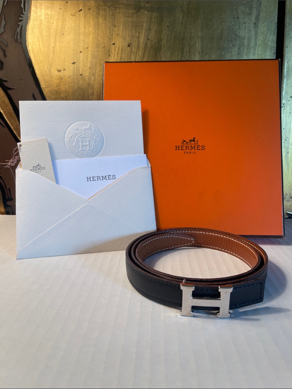 Reversible Brown/Black Leather women’s Belt with Silver H Buckle $700